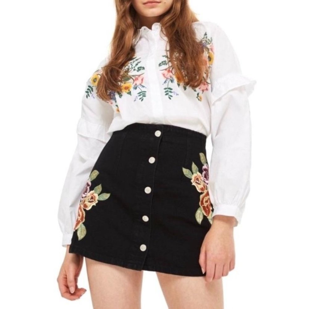 Topshop Black Embroidered Denim Skirt Size 10